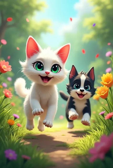 White cat with green eyes and blue eyes running through the garden with a happy black and white dog.