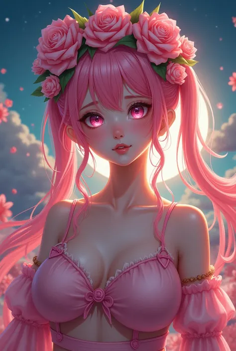 Raw photo,roses on head, twin tails, medium breasts 1 woman, Pink hair, Pink eyes, bright eyes, crop top, skirt, Chapped lips, blush, Night, flowers, sun, sunlight,