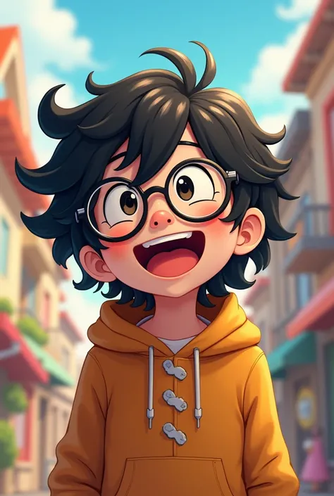 anime style boy with long wavy hair, with black round glasses, laughing