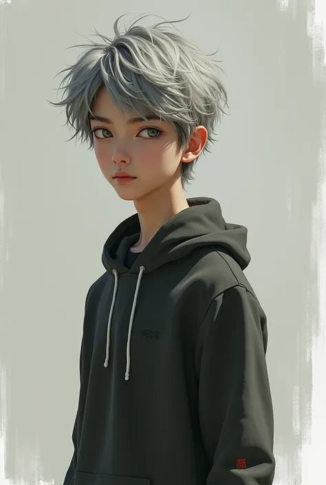 A tall young boy, with thick gray hair and gray eyes. 
