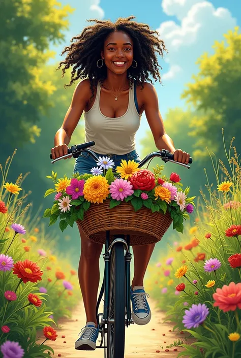 Drawing of a black woman riding a bicycle with a basket full of flowers 