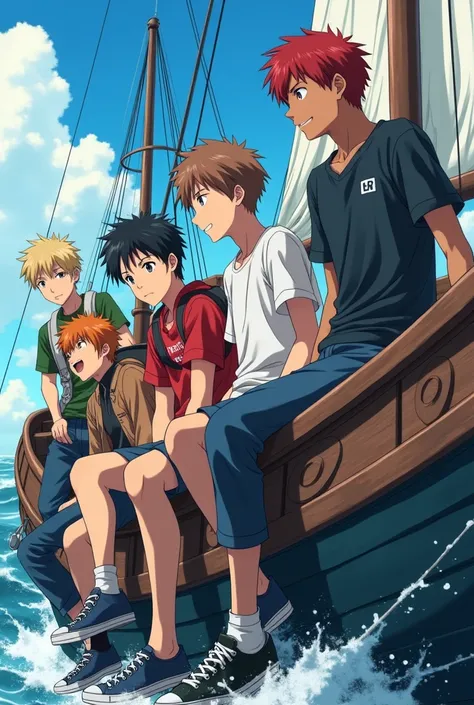 5 Teenage Males on a Boat, anime style toei animation Make one of them blonde, Red-Haired, brown, dark-skinned, Bblack hair