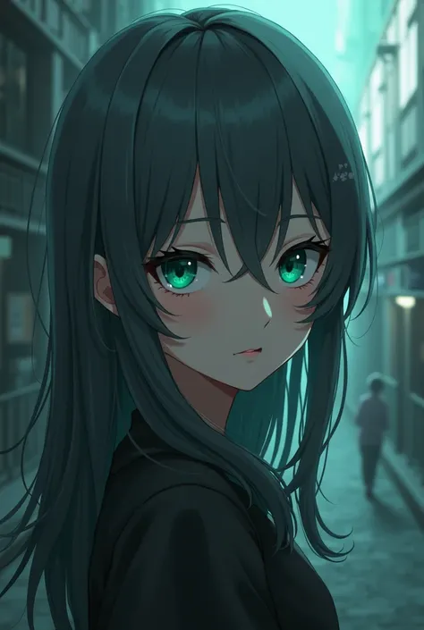 anime girl, Dark gray hair and turquoise green eyes