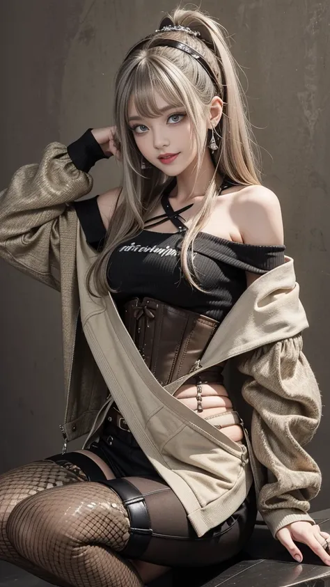 (Smiling with teeth showing:1.3),(Shibuya Gal:1.5)、(beautiful:1.5)、(Neo-Goth Fashion:1.5)、(Punk rock visual kei:1.5)、(A khaki and brown off-the-shoulder hoodie accessorized with delicate silver accessories..:1.5)、(A corset with a delicate beige and brown d...