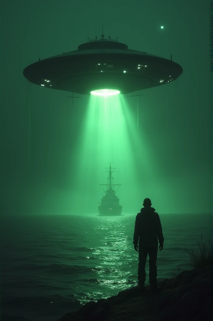 ((best quality)), ((masterpiece)), (detailed) 
As dawn breaks, the base vanishes, leaving the terrified sailor adrift, with a mystery that remains unsolved. (alien with ufo) (night green) 