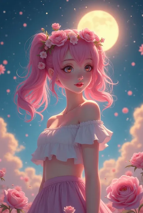 Raw photo,roses on head, twin tails, medium breasts, 1 woman, Pink hair,  , crop top, skirt, Chapped lips, blush, Night, flowers, sun, sunlight,