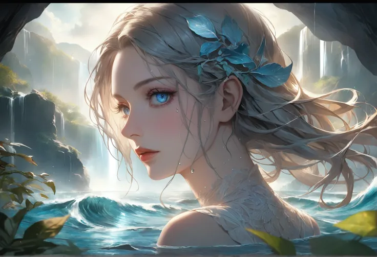 waterfall scenery, bright canvas, The waves are swirling, Transparent holographic reflection, Surreal landscape created by water droplets, Leaves viewers speechless, A beautiful world, 1 british woman, detailed eyes, detailed lips, very detailed face, long...