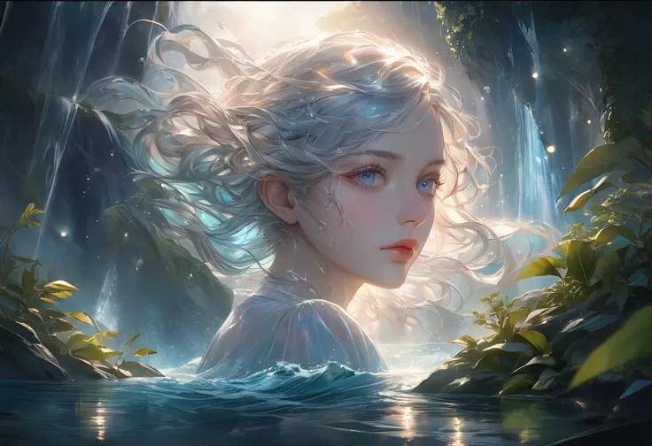 waterfall scenery, bright canvas, The waves are swirling, Transparent holographic reflection, Surreal landscape created by water droplets, Leaves viewers speechless, A beautiful world, 1 british woman, detailed eyes, detailed lips, very detailed face, long...