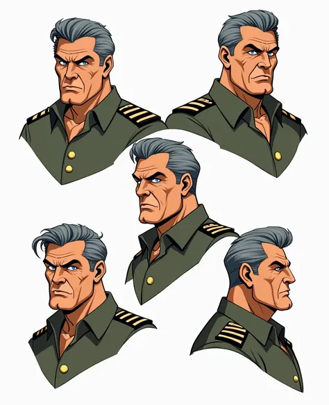 Character of an adult male named John Smith. He has fair skin with a few freckles, short gray hair slicked back with hints of brown, and intense blue eyes with a watchful expression. His build is stocky and muscular. He wears a military uniform. The style ...