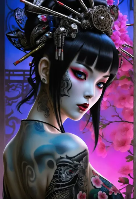 stunningly gorgeous beautiful perfect hr giger inspired inspired tattooed sexy seductive geisha, perfect face, hyper detailed vi...