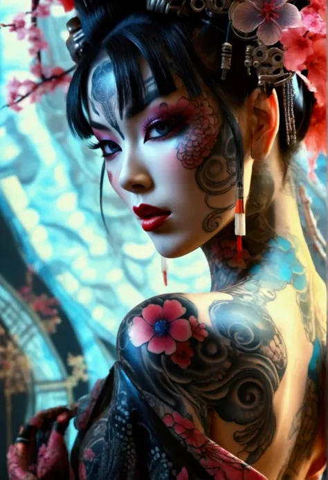 stunningly gorgeous beautiful perfect hr giger inspired inspired tattooed sexy seductive geisha, perfect face, hyper detailed vi...