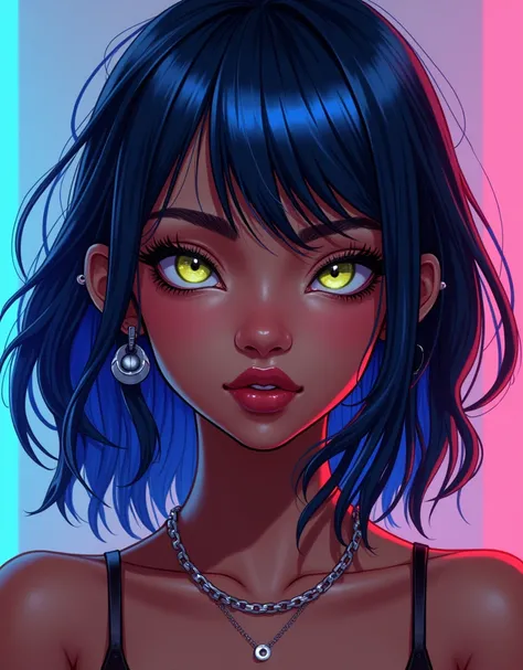 dark skinned girl with shoulder length mullet and blue hair with angel bite piercing, and she is a gyaru