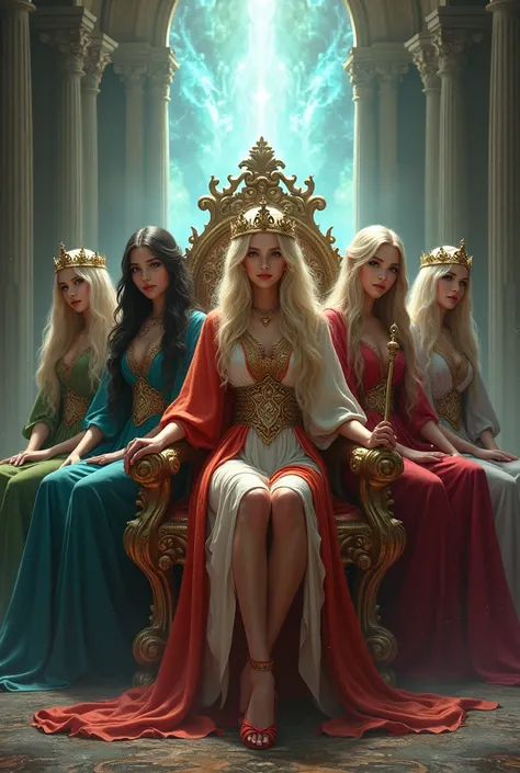 5 women dressed as sorceresses, the second woman is a blonde, with a long tunic of different colors, with a setro in her hand, with her crown on her head, perched on a beautiful throne, behind her she has an open portal to another dimension.