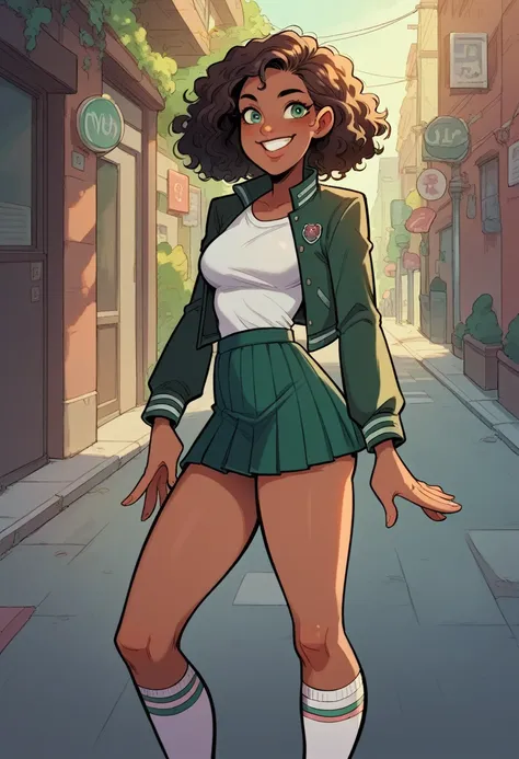 outrageous sexy black girl in green high school uniform. jacket, mini skirt, high white socks. black skin, tanned, curly medium ...