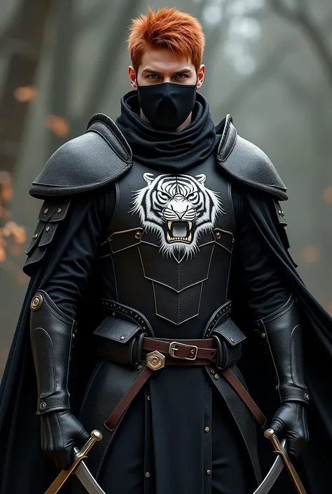 A man with short red hair and brown eyes wearing black armor with a cape and hood on the armor has the design of a white tiger he wears a black mask covering from the nose down he has two curved swords at his waist