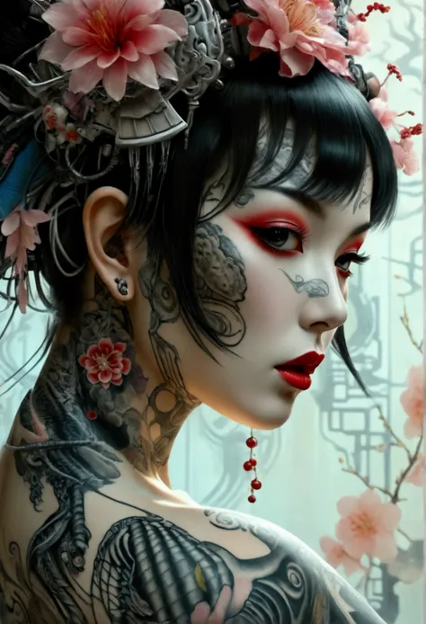 stunningly gorgeous beautiful perfect hr giger inspired inspired tattooed sexy seductive geisha, perfect face, hyper detailed vi...