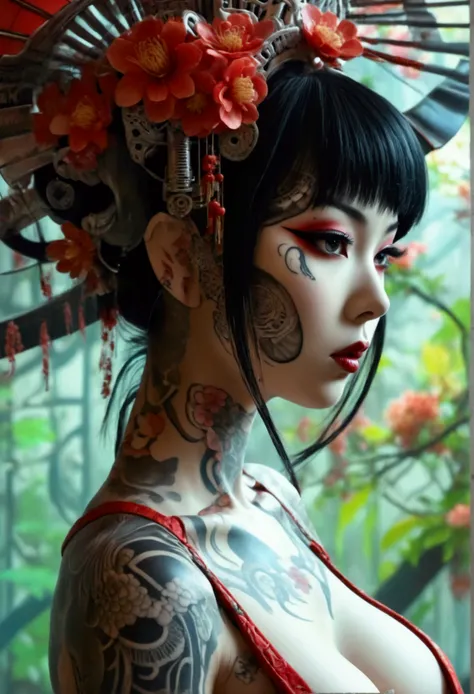 stunningly gorgeous beautiful perfect hr giger inspired inspired tattooed sexy seductive geisha, perfect face, hyper detailed vi...