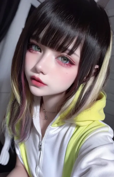 Excellent rendering, 8k, masterpiece, Ultra Quality, beauty: 1.2, professional illustration: 1.1, ultra detail: 1.3, Ultra illumination, Highly detailed, (dark light details) 1girl, 
 Benefit_punk
heterochromia with red eyes and yellow eyes