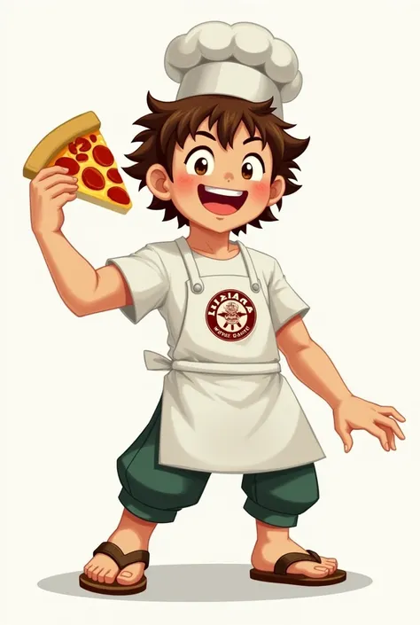 Tosatte is a brawler with a passion for pizza, whose main weapon is a pizza grabber. He is Fang&#39;s younger brother.,Tosatte has a chef hat on, her brown hair sticks out of the hat,he has a white t-shirt and a white apron with a pizza logo,your dark gree...