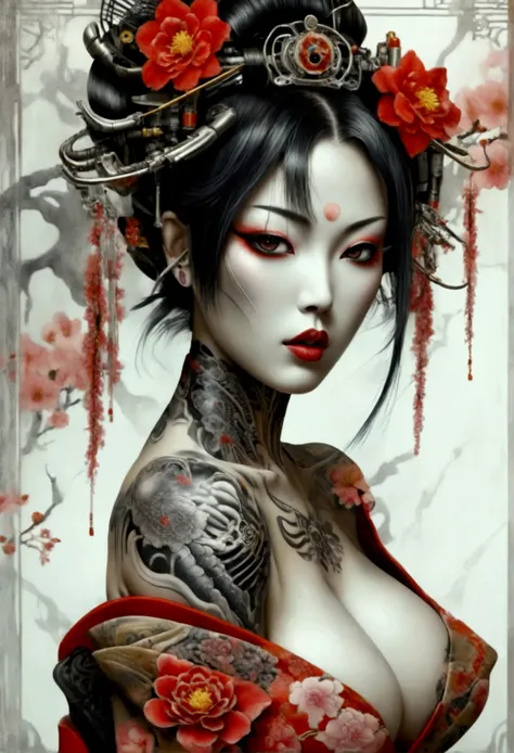 Stunningly gorgeous beautiful perfect hr giger inspired inspired tattooed sexy seductive Geisha, perfect face, hyper detailed vibrant eyes, large breasts, full body view, nude, no color black and gray only, show complete body,