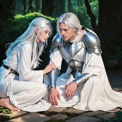 a man and a women dressed in white sitting on a bench, garden, grove asya yoranova and alan lee, magali villeneuve', edmund blai...