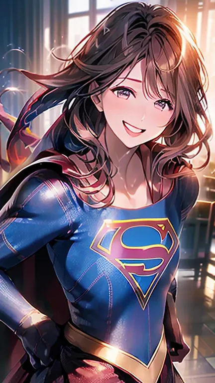 (Close-up of a woman)、((Depiction of only the upper body))、10 generations of women、Pink Lip Gloss、smile、blush、(Open the lipstick a little、High resolution、16K))、Medieval city、(((supergirl cosplay)))、(((Depict the whole body)))