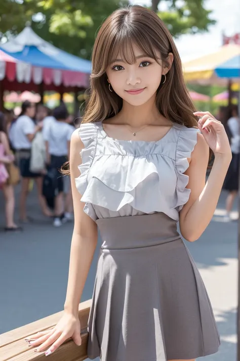 (8k, RAW photo, best quality, masterpiece:1.2), (realistic, photo-realistic:1.4), ultra-detailed, perfect anatomy, perfect limbs, perfect hand, depth of field, wide shot, cute japanese model pictures, Beautiful Face, in a summer amusement park, (brown eyes...