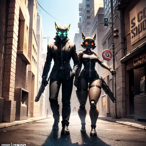 they are two robots walking down the street with guns, detailed cinematic photography, steampunk digital art, bigstudiovfx, still image from tv series, anthropomorphic female, featured on vimeo, yasuke 5 0 0 px models, by Robert Koehler, interconnected hum...