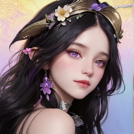 A beautiful woman with long, flowing black hair adorned with flower accessories, wearing a witchs hat with devil-like horns, looking directly at the viewer with a captivating, subtle smile. Her eyes are a striking purple hue, with a hint of a demonic gaze....