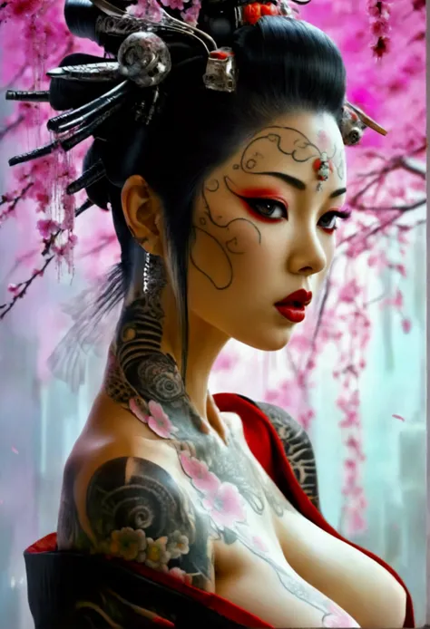 Stunningly gorgeous beautiful perfect hr giger inspired inspired tattooed sexy seductive Geisha, perfect face, hyper detailed vibrant eyes, large breasts, full body view, nude, no color black and gray only, show complete body,