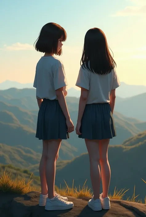 a girl with hair length touching the shoulder and height 5’3 with a girl with hair longer WAIST level hair length with black hair but brown on the ends with the height 5’2. back view only on a cliff with the view of hills