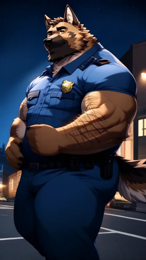 anime style, aid210, nj5furry, ((whole body)), ((police uniform)), standing, ((plump middle-aged german shepherd man)), break ((...