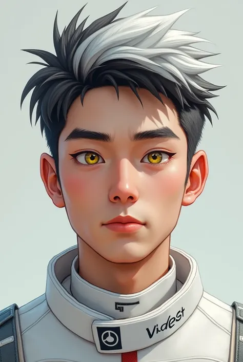 Young man face, 24 years, wearing a white helmet, racing driver,yellow  eyes, thick white eyebrow,spiky hair with white highlights, image up to the shoulder, white pilot suit, high image quality, serene face,Asian