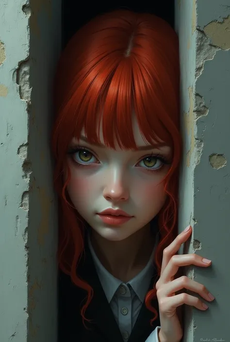 Red-haired adult girl with bangs hiding behind the wall