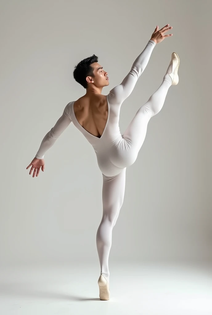 Asian,male,Muscular,ballet,White long sleeve unitard,White toe shoes,I&#39;m stretching