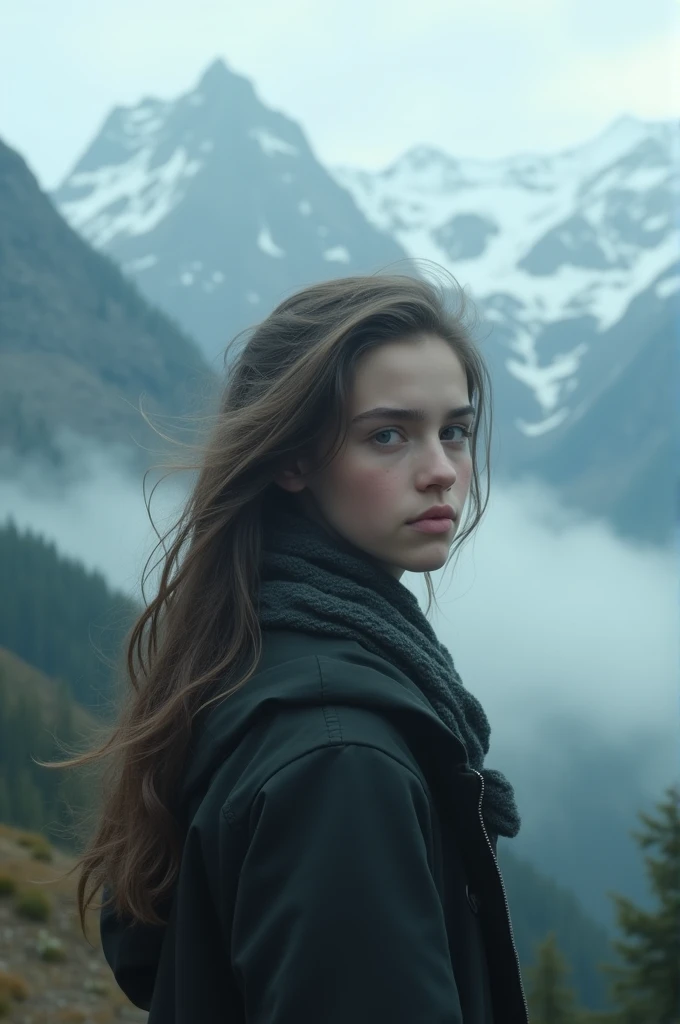 a blurred image of a european teenage girl with mist, fog snd mountains in the background