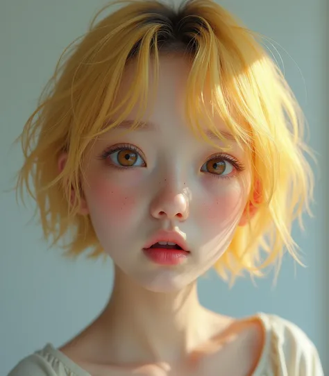 blond girl with freackes have korean wolf haircut, short hair, 8k, highly detailed, high quality, masterpiece, ultra detailed, vivid colors, HDR, studio lighting, physically-based rendering,Open Mouth, 