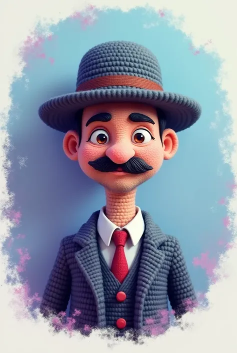 I would like to create an image that can serve as a logo for an amigurumi company., including a portrait of a man with a mustache and hat, without glasses and thin, applying light blue and purple colors to everything above, and that includes the name of, p...