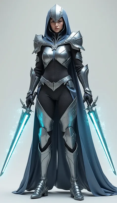 Generate a 4K, ultra-realistic image of a powerful female warrior from Nova Aeterna, fully visible, standing from head to toe. She wears a hybrid armor combining medieval and futuristic elements, with a chestplate made of reflective metal and a long, flowi...