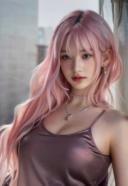 A close-up of a woman with pink hair and a necklace, inspired by Yanjun Cheng, ig model | artegerm, guweiz style artwork, sakimichan frank franzzeta, Style Ross Tran, ross tran 8k, Kawaii realistic portrait, Pastel pink skin tone, flowing pink hair, 8k art...