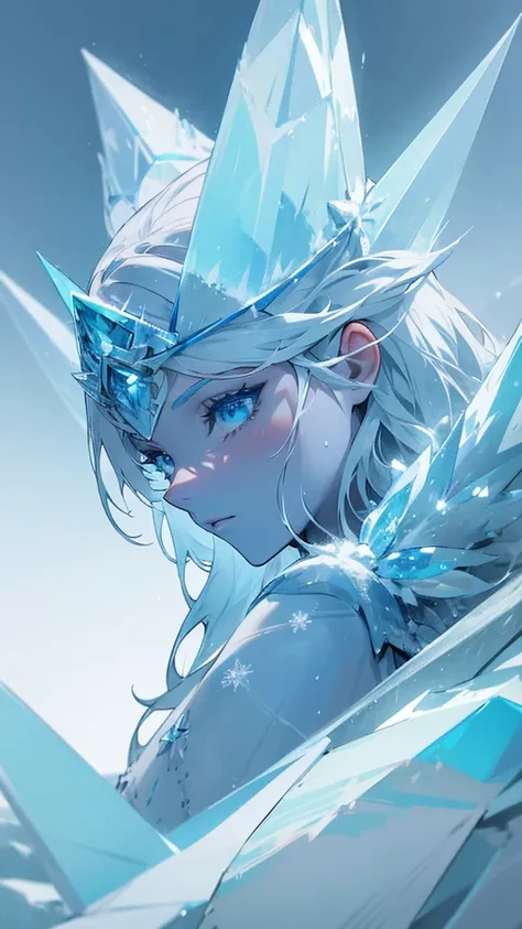 [Ice warrior, (Crystalline skin:1.5), No humans, icy armor, frozen blue hair, Ice shards scattered around, Her hair is also covered in frost, Beautiful cold eyes, (Intricate frost details:1.3), (Highly detailed face and armor:1.2), slim figure, frozen tund...