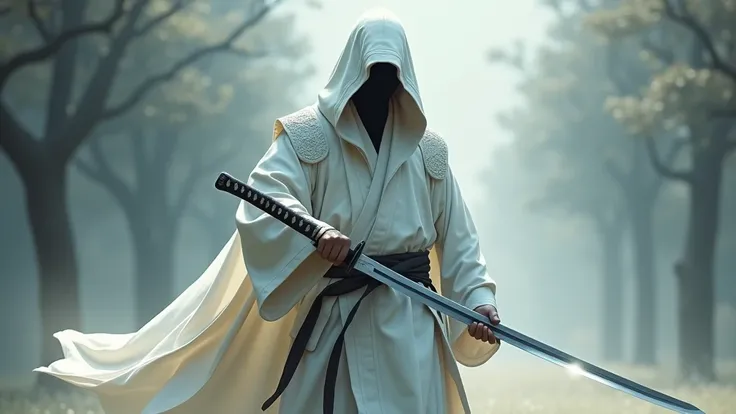 man in white hood with a katana