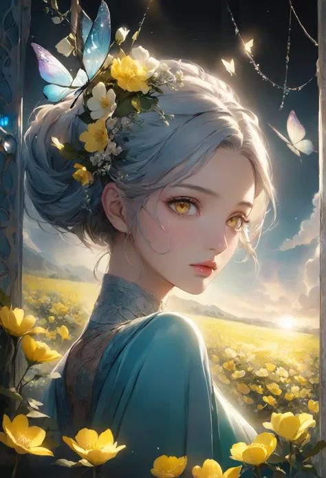 Rape flower landscape, bright canvas, The petals are fluttering, Transparent holographic reflection, A surreal landscape made of flower petals, Leaves viewers speechless, A beautiful world, 1 Uzbek woman, detailed eyes, Yellow eyes, detailed lips, very det...