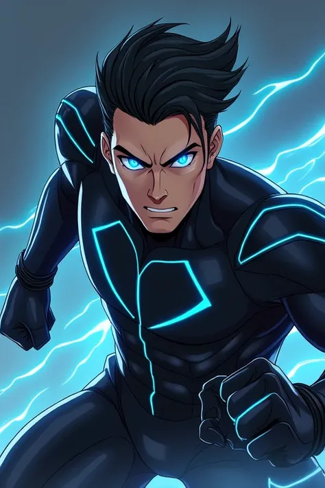 Eyes with black sclera and blue iris, Cao Cao, hair with a black low pompadour, with a black superhero uniform with blue line details, with black gauntlets on both hands and in a fighting pose, アニメ, masculine man