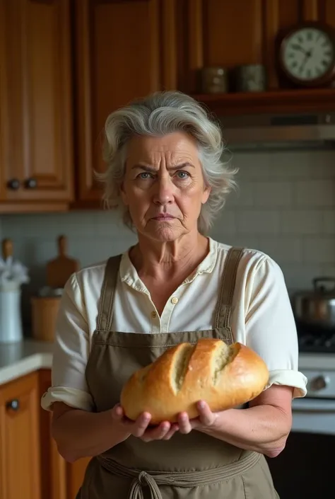 Woman with a bread in her hand complaining