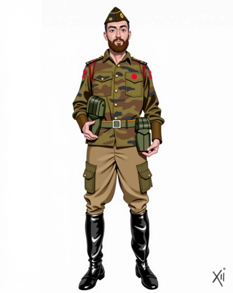 Beautiful young man, full beard, camouflage uniform and tall black leather riding boots, marching in front of people, making the military salute