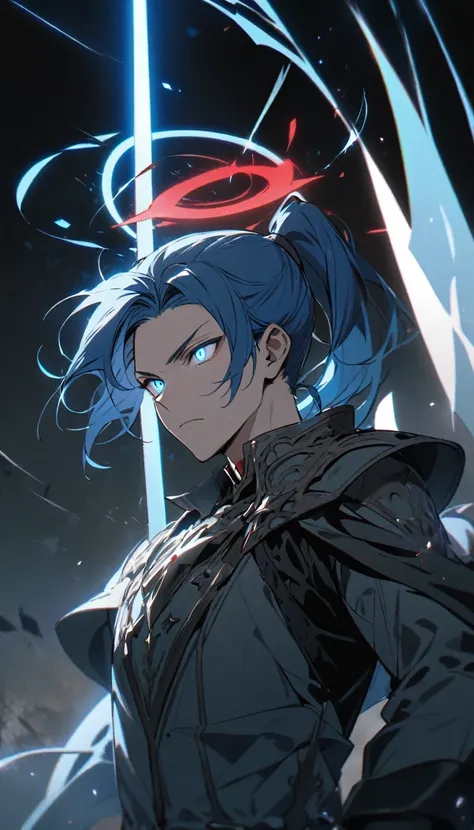 man, small hair, Ponytail, blue hair, blue eyes, Glowing eyes, Blue Halo,Red Halo, Handsome, high quality, sword, Gray scapula