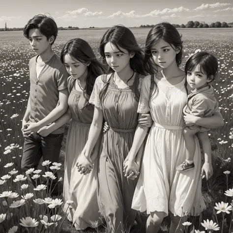 The field, the girls and the boy are holding hands, in the other hand of the girl is a flower, Sketch style, low detailed