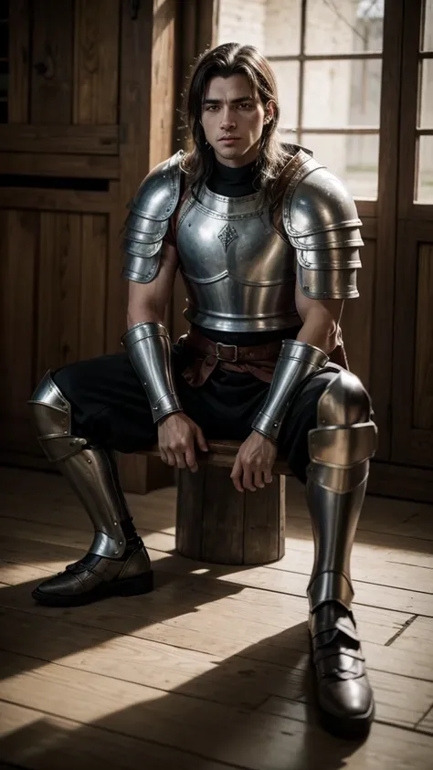 Make a medieval warrior looking at Riozinho and he is sitting