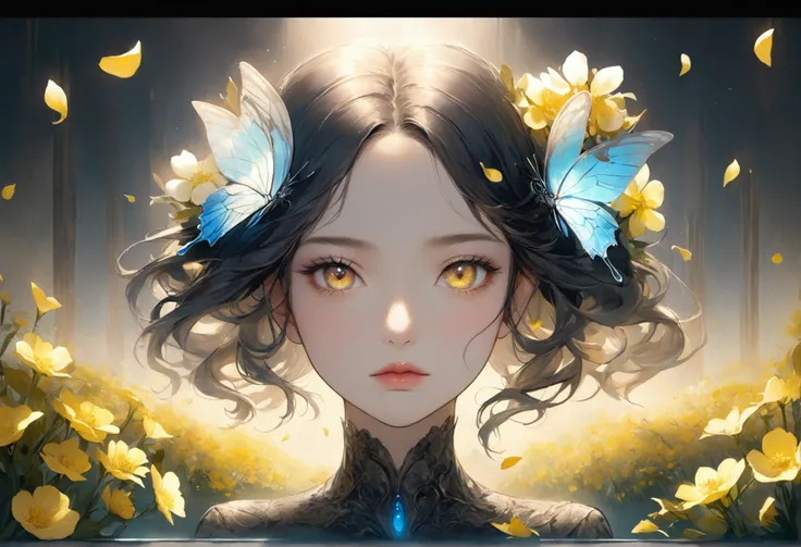 Rape flower landscape, bright canvas, The petals are fluttering, Transparent holographic reflection, A surreal landscape made of flower petals, Leaves viewers speechless, A beautiful world, 1 Uzbek woman, detailed eyes, Yellow eyes, detailed lips, very det...